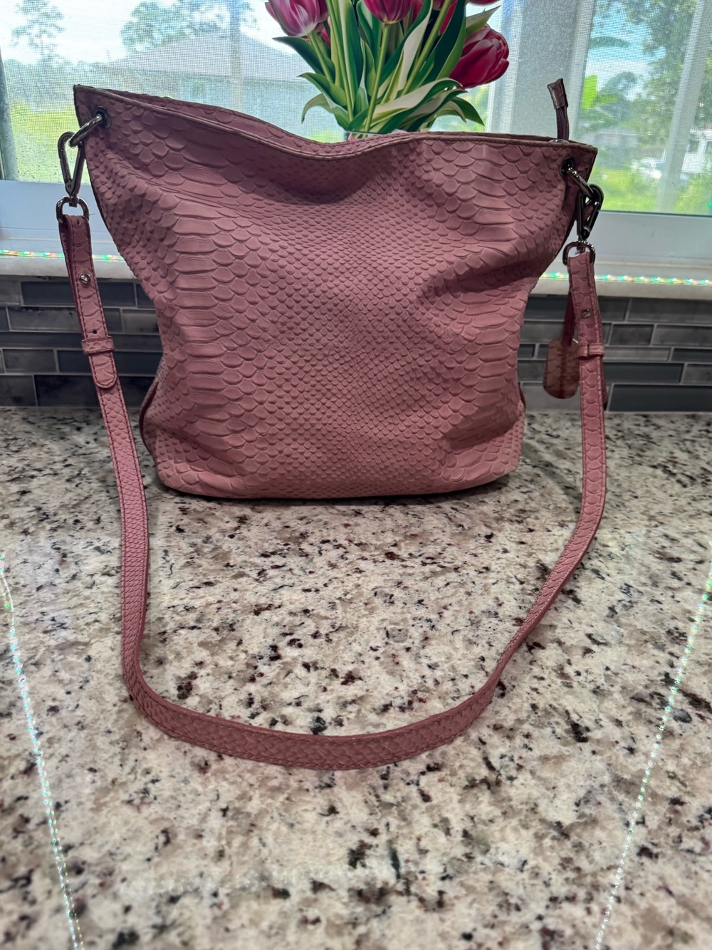 Furla Pale Pink Snakeskin Embossed Leather Footed Hobo